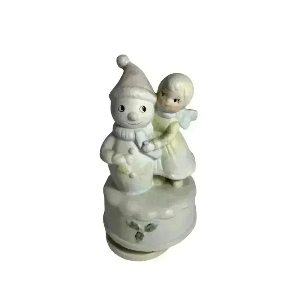Musical Christmas Porcelain Bisque Girl with Snowman Figurine - Jingle Bells